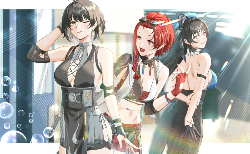 3girls absurdres anoreika_tomoe back bare_shoulders black_gloves black_hair blue_hat bow braid breasts chixia_(wuthering_waves) colored_inner_hair crop_top dress earrings eyeliner female female_rover_(wuthering_waves) gloves hair_ornament hairclip hat highres jewelry long_hair looking_at_viewer low_ponytail makeup medium_breasts midriff multicolored_hair multiple_girls red_eyeliner red_eyes red_hair rover_(wuthering_waves) sarashi shirt sleeveless smile tacet_mark_(wuthering_waves) two-tone_hair wuthering_waves yangyang_(wuthering_waves) yellow_eyes