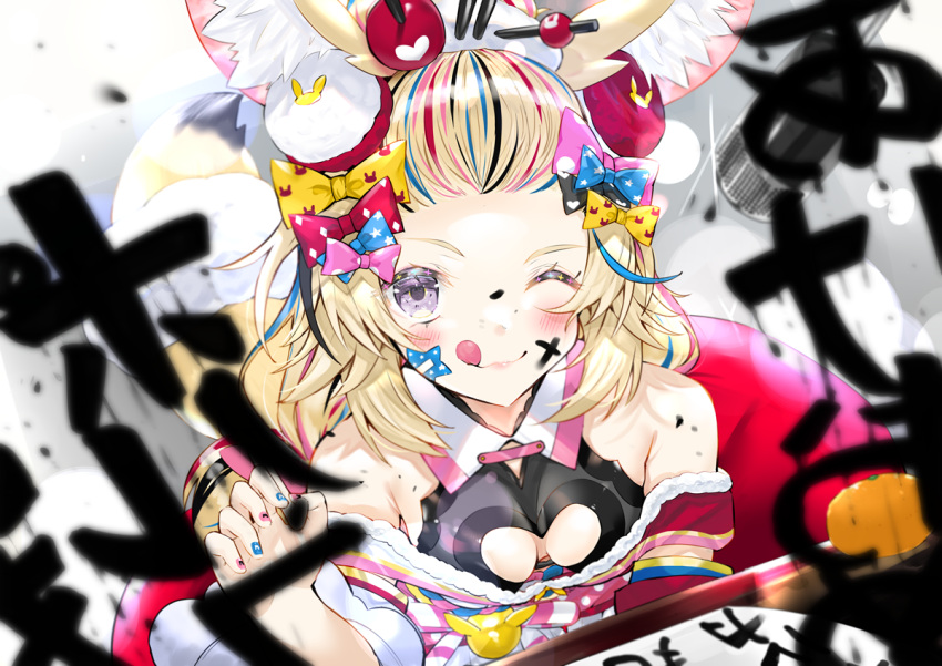 animal_ear_fluff animal_ears black_hair blonde_hair blue_hair blush bow breasts calligraphy cleavage_cutout closed_mouth clothing_cutout commentary_request female fox_ears fox_girl grey_eyes hairbow hololive kou_mashiro long_hair looking_at_viewer medium_breasts multicolored_hair nail_polish new_year official_alternate_costume omaru_polka omaru_polka_(new_year) one_eye_closed open_mouth pink_hair purple_eyes red_hair simple_background smile solo sparkle streaked_hair tongue tongue_out upper_body virtual_youtuber