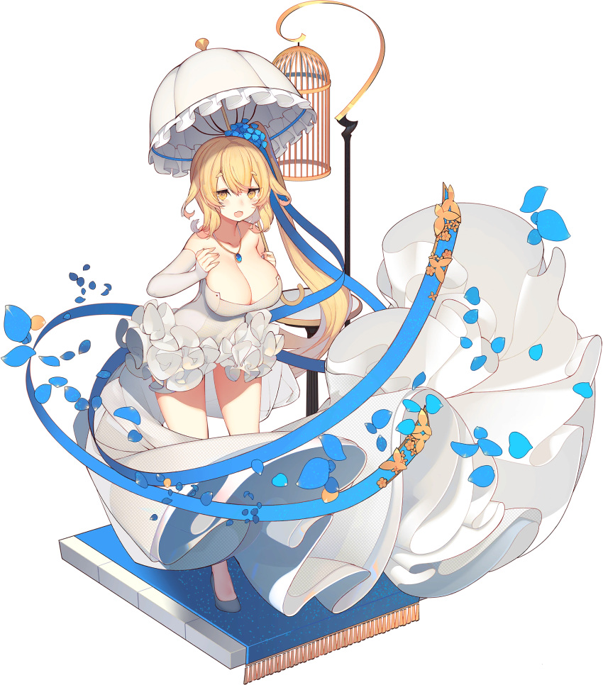 bare_shoulders black_surge_night blonde_hair blue_flower blue_ribbon breasts cleavage detached_sleeves dress female flower hair_between_eyes hair_flower hair_ornament hair_ribbon highres jewelry large_breasts long_hair looking_at_viewer necklace official_art open_mouth parasol petals rain_lan ribbon shoes side_ponytail simple_background solo standing strapless strapless_dress transparent_background umbrella very_long_hair wasp_(black_surge_night) white_dress yellow_eyes