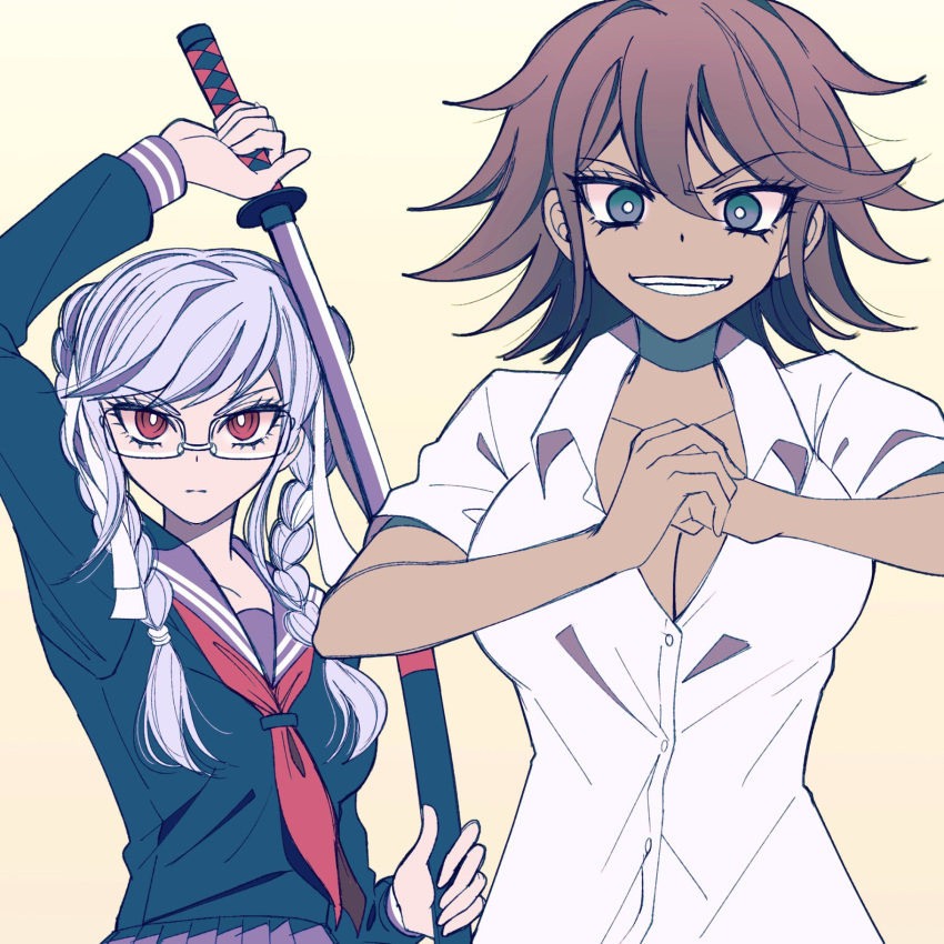 2girls braid breasts brown_background brown_hair cleavage closed_mouth danganronpa_(series) danganronpa_2:_goodbye_despair dark-skinned_female dark_skin dress_shirt fist_in_hand flipped_hair glasses gradient_background grey_eyes grey_sailor_collar grey_shirt grin hair_between_eyes highres holding holding_sword holding_weapon large_breasts long_hair long_sleeves medium_breasts medium_hair multiple_girls neckerchief oerba_yun_fang owari_akane pekoyama_peko red_eyes red_neckerchief rimless_eyewear sailor_collar satori_(aosky9077) shirt smile sword teeth twin_braids twintails weapon