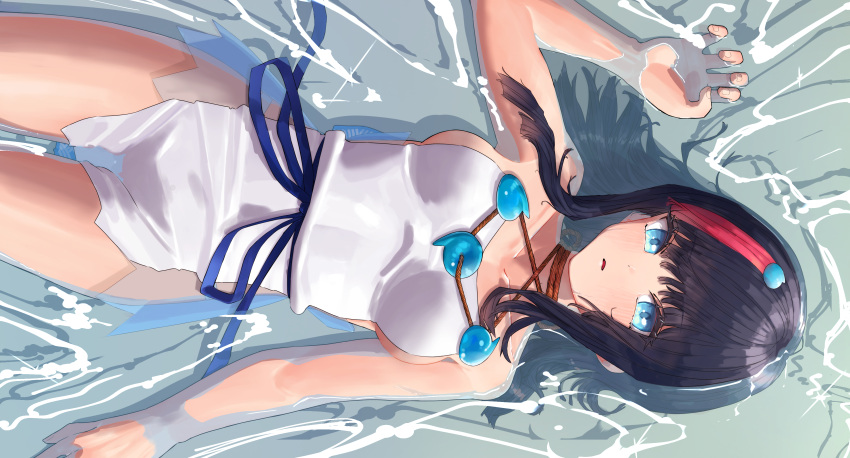 absurdres bare_shoulders black_hair blue_eyes blue_ribbon blush breasts collarbone dress fate/grand_order fate/requiem fate_(series) female highres jewelry looking_at_viewer lying magatama magatama_hair_ornament magatama_necklace medium_breasts medium_hair multicolored_hair necklace niwaikanai on_back open_mouth pelvic_curtain pink_hair ribbon short_dress sideboob sideless_outfit sidelocks solo streaked_hair thighs utsumi_erice water wet white_dress