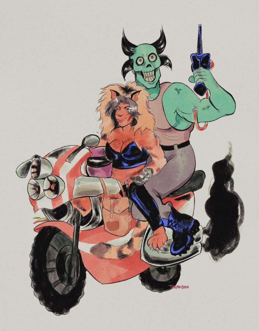 animal_humanoid cat_humanoid demon demon_humanoid duo felid felid_humanoid feline feline_humanoid female green_body green_skin grin hi_res humanoid male mammal mammal_humanoid motorcycle sitting smile vehicle videonastyz