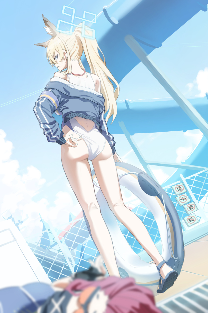 2girls absurdres animal_ear_fluff animal_ears applepie_(12711019) ass bare_legs black_jacket blonde_hair blue_archive blue_eyes blue_halo competition_swimsuit dog_ears from_behind full_body halo highres jacket kanna_(blue_archive) kanna_(swimsuit)_(blue_archive) lifebuoy long_hair long_sleeves multiple_girls official_alternate_costume one-piece_swimsuit ponytail sandals seaside_sukeban_(smg)_(blue_archive) swim_ring swimsuit white_one-piece_swimsuit