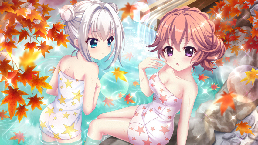 2girls :t ass autumn autumn_leaves blue_eyes blush braid breasts cleavage closed_mouth crown_braid dot_nose double_bun falling_leaves film_grain from_above game_cg haeno_akari hair_bun hair_up hand_up izumi_tsubasu large_breasts leaf leaf_on_liquid lens_flare looking_at_another looking_at_viewer multiple_girls naked_towel nishidate_haku non-web_source official_art onsen open_mouth pout print_towel purple_eyes re:stage! short_hair sidelocks single_hair_bun soaking_feet sparkle star_(symbol) star_print steam towel wading wet white_towel