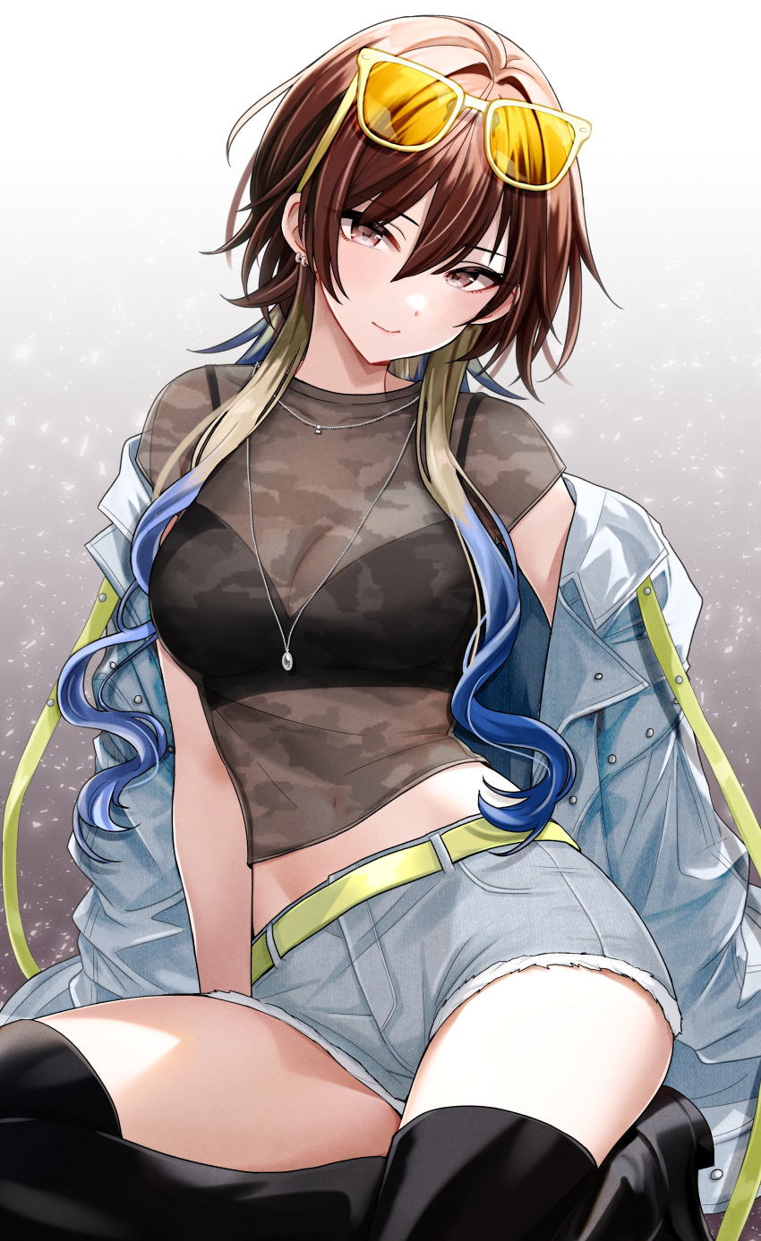 absurdres aketa_mikoto black_bra black_footwear blue_hair blush boots bra breasts brown_hair cleavage covered_navel crop_top eyewear_on_head female gradient_hair grey_footwear hair_between_eyes head_tilt highres idolmaster idolmaster_shiny_colors jacket jacket_partially_removed large_breasts light_brown_hair looking_at_viewer midriff multicolored_hair navel popon_ta see-through see-through_cleavage see-through_shirt shirt solo thigh_boots tinted_eyewear underwear