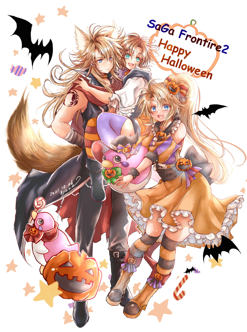 2boys absurdres bat_(animal) blonde_hair blue_eyes breasts brown_hair candy dress female food food-themed_hair_ornament hair_ornament halloween halloween_costume happy_halloween highres jack-o'-lantern johan kyabia legs lollipop long_hair meythia monster multiple_boys open_mouth ponytail pumpkin pumpkin_hair_ornament saga saga_frontier_2 smile striped_clothes striped_thighhighs swirl_lollipop thighhighs ventarbre