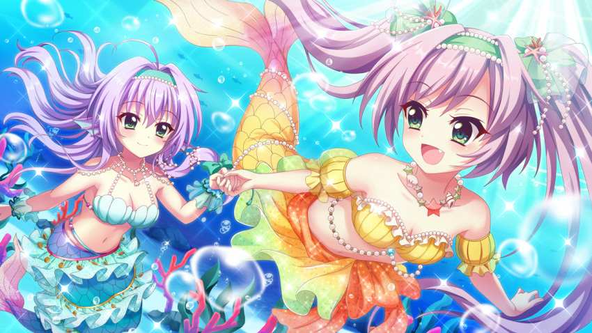 2girls :d ahoge bare_shoulders bikini blue_bikini blue_wrist_cuffs breasts bubble cleavage closed_mouth collarbone coral dutch_angle film_grain fish game_cg green_eyes green_hairband hair_intakes hairband hokaze_kanade holding_hands izumi_tsubasu jewelry large_breasts lens_flare long_hair looking_at_another mermaid misaki_sango monster_girl multiple_girls navel necklace non-web_source oerba_yun_fang official_art open_mouth pearl_necklace purple_hair re:stage! shell shell_bikini shell_necklace small_breasts smile sparkle star_(symbol) sunlight swept_bangs swimming swimsuit twintails underwater wrist_cuffs