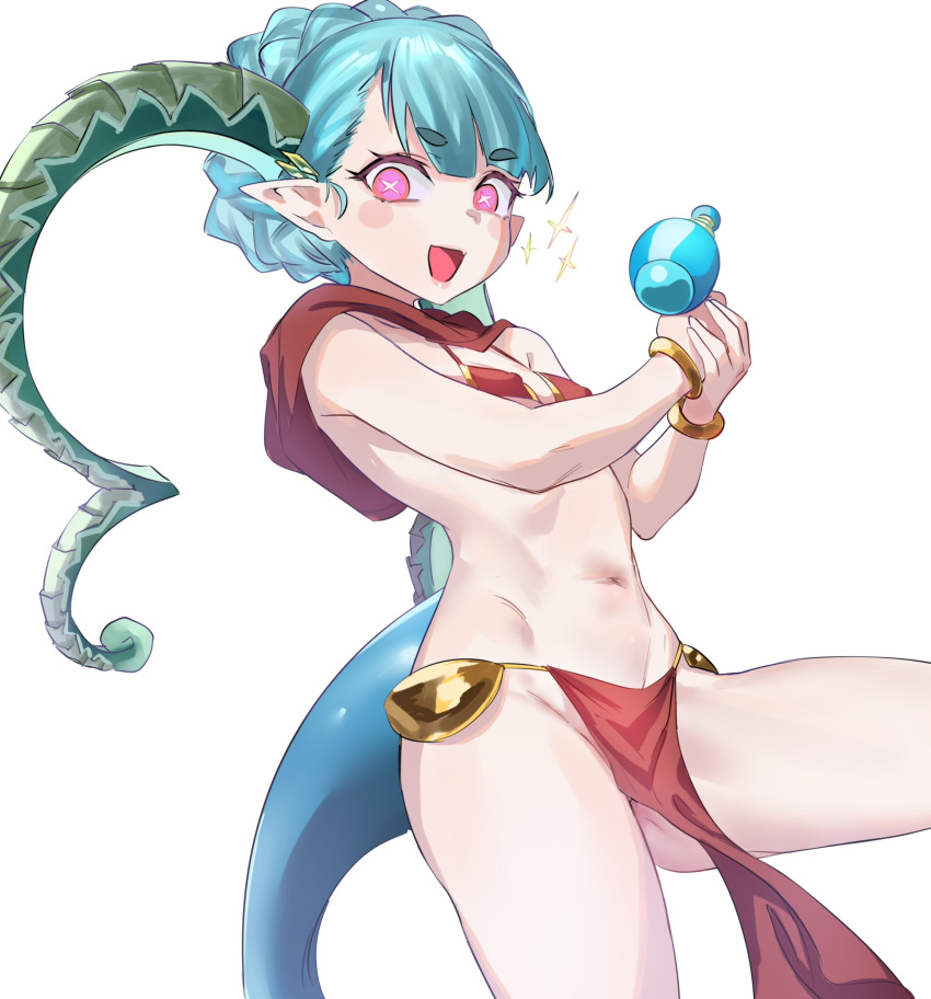 absurdres aqua_hair bare_shoulders bikini black_bikini black_scarf black_skirt bracelet braid braided_bun breasts curled_horns das_(dan_dan) double_bun energy_gun fate/grand_order fate_(series) female hair_bun highres horns jewelry larva_tiamat_(fate) larva_tiamat_(first_ascension)_(fate) long_hair long_horns looking_at_viewer open_mouth pelvic_curtain pink_eyes pointy_ears ray_gun scarf skirt small_breasts smile solo sparkle swimsuit symbol-shaped_pupils tail thighs tiamat_(fate) weapon