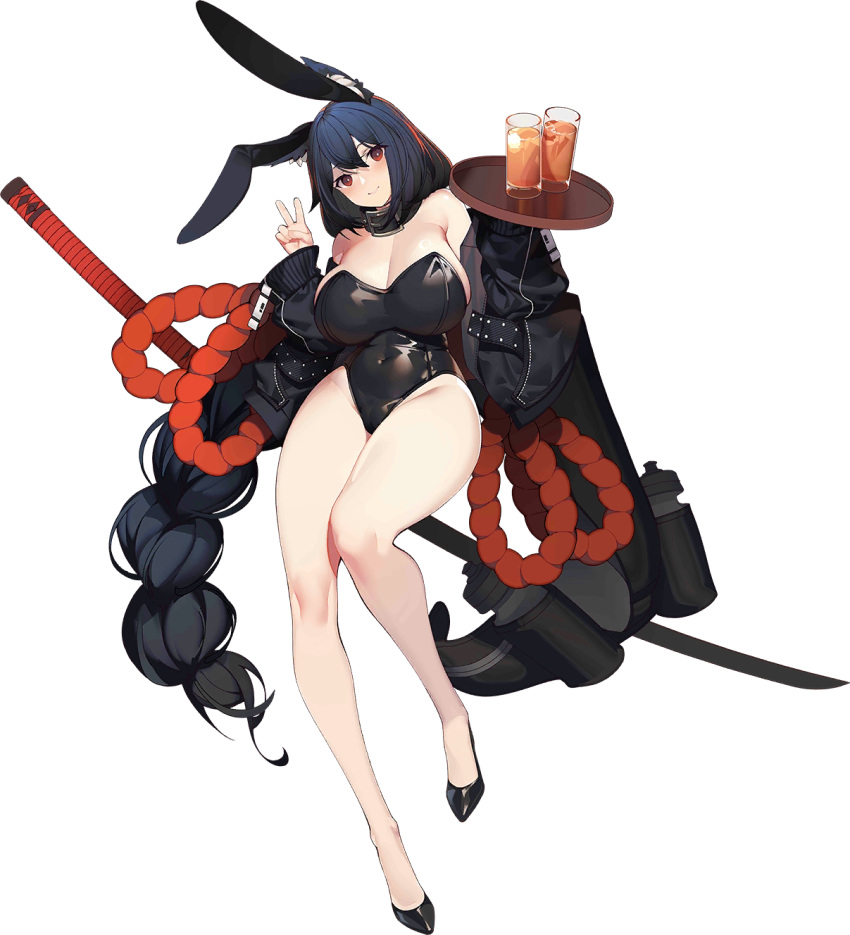 animal_ears bare_shoulders black_footwear black_hair black_jacket black_leotard breasts cleavage covered_navel cup drinking_glass fake_animal_ears female foot_out_of_frame full_body highres iron_saga jacket large_breasts leotard long_hair looking_at_viewer low-braided_long_hair low-tied_long_hair nureha_(iron_saga) off_shoulder official_art open_clothes open_jacket playboy_bunny rabbit_ears rain_lan red_eyes rope shimenawa smile solo strapless strapless_leotard tachi-e thick_thighs thighs transparent_background tray v very_long_hair