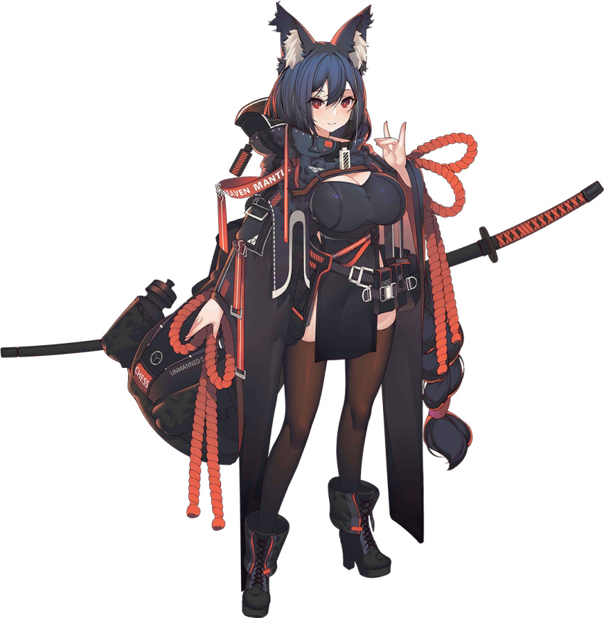 animal_ear_fluff animal_ears bag belt black_footwear black_hair boots breasts cat_ears cleavage female full_body hood hood_down iron_saga japanese_clothes katana logo long_hair nureha_(iron_saga) official_art rain_lan red_eyes rope solo standing sword tachi-e thighhighs transparent_background weapon