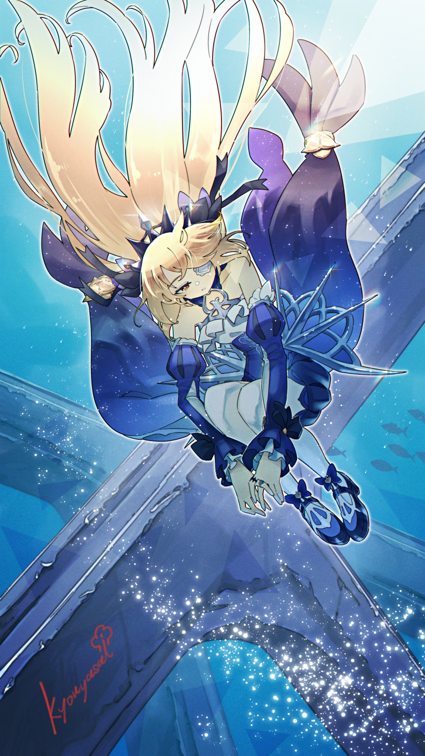 absurdres alternate_eye_color bare_shoulders black_footwear blonde_hair choker detached_sleeves dress eyepatch female fischl_(ein_immernachtstraum)_(genshin_impact) fischl_(genshin_impact) frills gem genshin_impact hair_ribbon highres jewelry kyouyasai4423 long_hair long_sleeves official_alternate_costume official_alternate_eye_color pantyhose puffy_shorts purple_choker purple_dress purple_gemstone purple_ribbon purple_sleeves red_eyes ribbon shorts single_leg_pantyhose single_thighhigh solo thighhighs tiara underwater white_pantyhose white_thighhighs