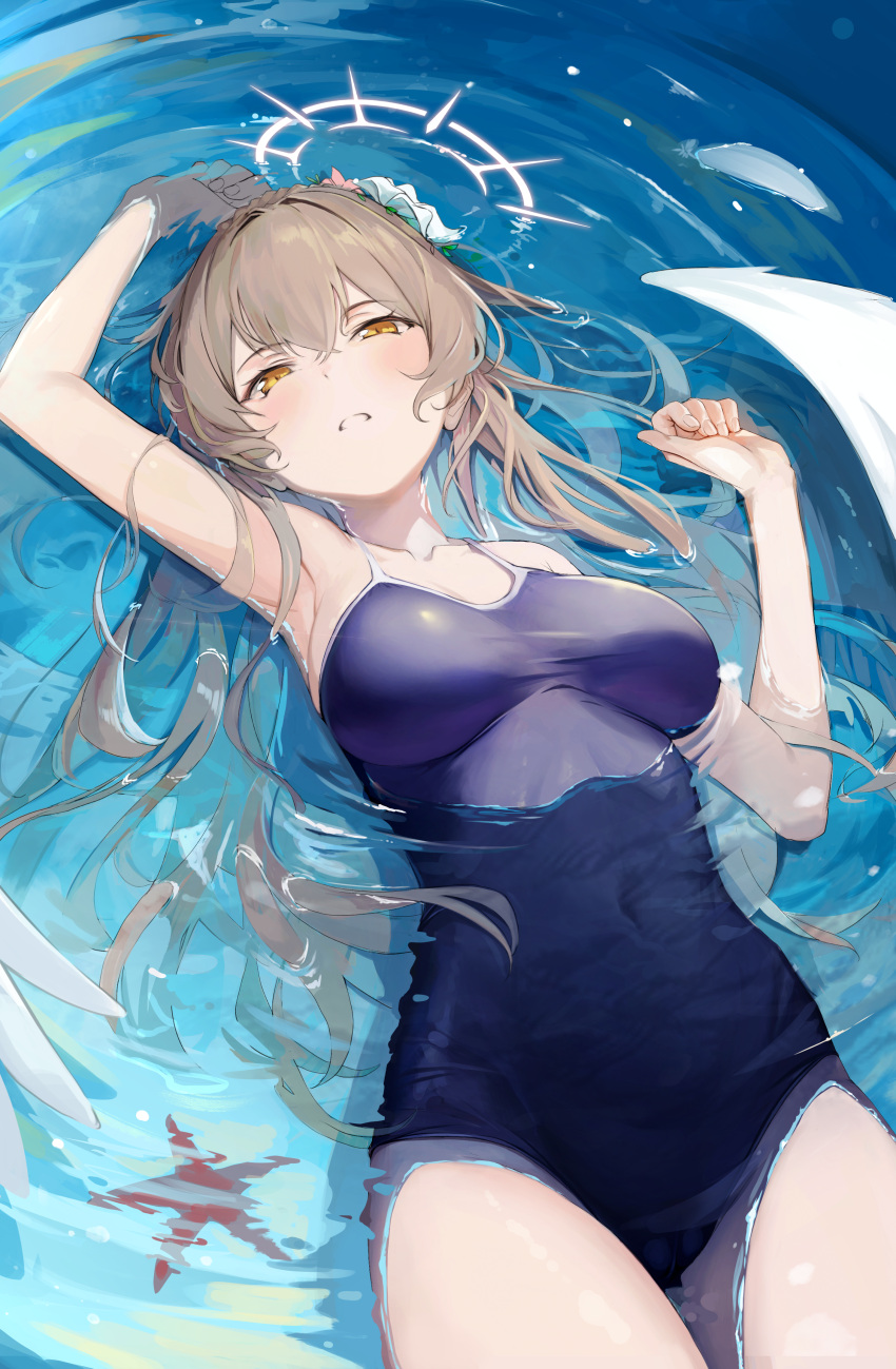 absurdres angel_wings armpits blue_archive braid breasts brown_eyes brown_hair cameltoe collarbone covered_navel crown_braid dampi female flower hair_between_eyes hair_flower hair_ornament halo highres long_hair looking_at_viewer lying medium_breasts nagisa_(blue_archive) ocean on_back one-piece_swimsuit partially_submerged solo starfish swimsuit thighs very_long_hair water wings yellow_eyes