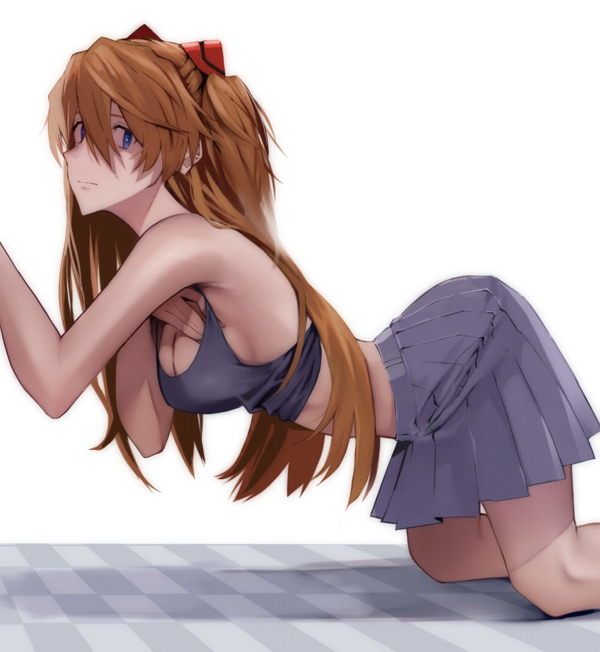 all_fours ass bare_arms bare_shoulders blue_eyes breasts cleavage grey_shirt hair_between_eyes hand_on_own_chest highres hips_in_air kneeling large_breasts long_hair looking_at_viewer neon_genesis_evangelion pleated_skirt red_hair serious shirt skirt souryuu_asuka_langley yagisawa_teru