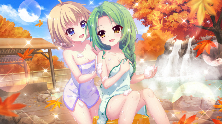 2girls ahoge autumn autumn_leaves bath_stool blue_eyes blue_sky braid breasts cleavage cloud collarbone day dot_nose dutch_angle film_grain floral_print forehead game_cg green_hair green_towel hair_bun hair_ornament hair_scrunchie hair_up hand_on_own_chest itsumura_haruka izumi_tsubasu lens_flare light_brown_hair long_braid long_hair looking_at_another medium_breasts multiple_girls naked_towel non-web_source official_art on_stool onsen open_mouth outdoors print_towel purple_towel re:stage! scrunchie shirokita_kuroha short_hair single_braid sitting sky smile soap_bubbles sparkle star_(symbol) star_print steam stool towel tree washing_another water waterfall white_scrunchie yellow_eyes