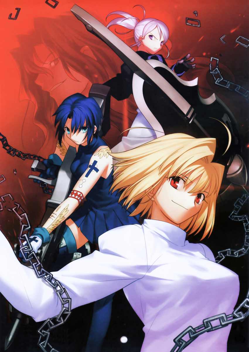 1boy 3girls absurdres arcueid_brunestud bare_shoulders blonde_hair blue_eyes blue_hair broken broken_chain chains ciel_(tsukihime) cover cross gloves highres holding holding_weapon melty_blood michael_roa_valdamjong multiple_girls official_art photoshop_(medium) pile_bunker ponytail powered_ciel projected_inset purple_eyes purple_hair red_eyes riesbyfe_stridberg scan seventh_holy_scripture short_hair sleeveless sweater takeuchi_takashi tattoo true_apocrypha tsukihime video_game_cover weapon