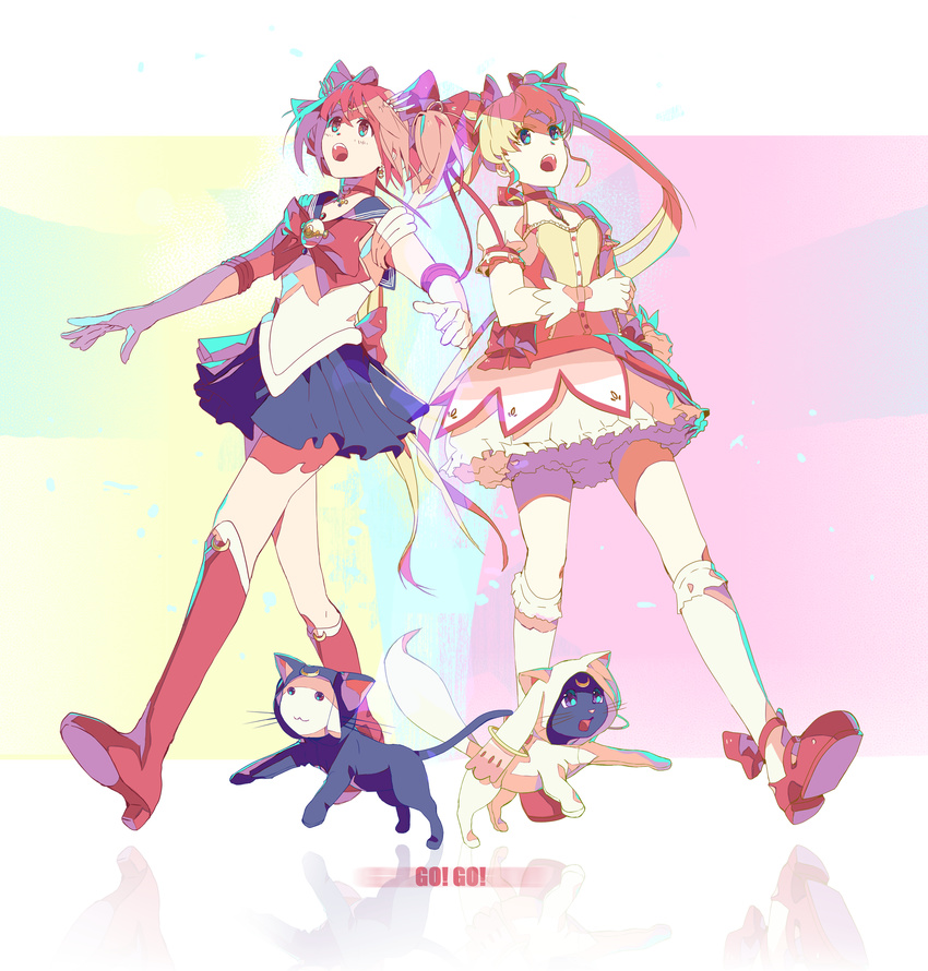 2girls absurdres animal_costume back_bow bad_id bad_pixiv_id bishoujo_senshi_sailor_moon bishoujo_senshi_sailor_moon_(first_season) bishoujo_senshi_sailor_moon_crystal blonde_hair blue_eyes blue_sailor_collar boots bow brooch choker cosplay costume_switch crossover double_bun dress feline gloves hair_bun hair_ornament hair_ribbon highres jewelry kaname_madoka kaname_madoka_(cosplay) kaname_madoka_(magical_girl) kneehighs kyubey_(cosplay) kyuubee long_hair luna_(sailor_moon) luna_(sailor_moon)_(cosplay) magical_girl mahou_shoujo_madoka_magica mahou_shoujo_madoka_magica_(anime) miniskirt multiple_girls open_mouth pink_dress pink_eyes pink_hair puffy_short_sleeves puffy_sleeves red_bow ribbon sailor_collar sailor_moon sailor_moon_(cosplay) sailor_senshi_uniform short_sleeves skirt socks soul_gem tiara transformation_brooch_(sailor_moon) tsukino_usagi twintails white_gloves xenos