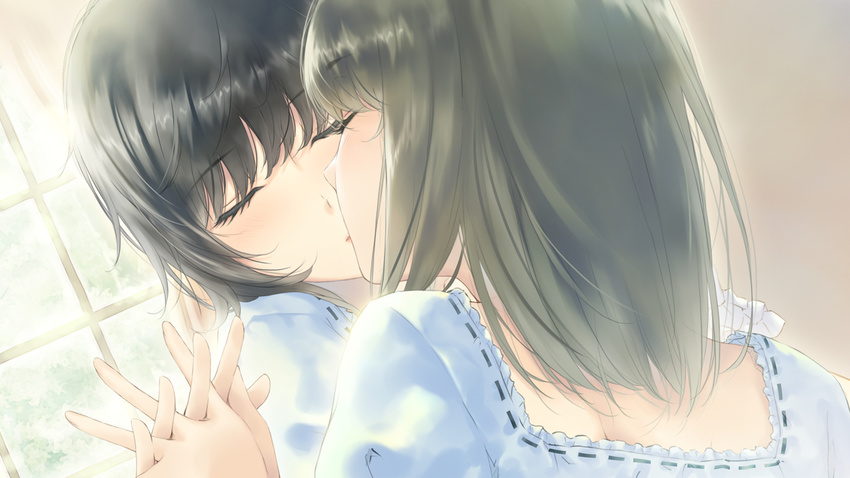 2girls black_hair blunt_bangs brown_hair close-up closed_eyes couple flowers_(innocent_grey) game_cg indoors interlocked_fingers kissing multiple_girls official_art short_hair sugina_miki takasaki_chidori window yaegaki_erika yuri