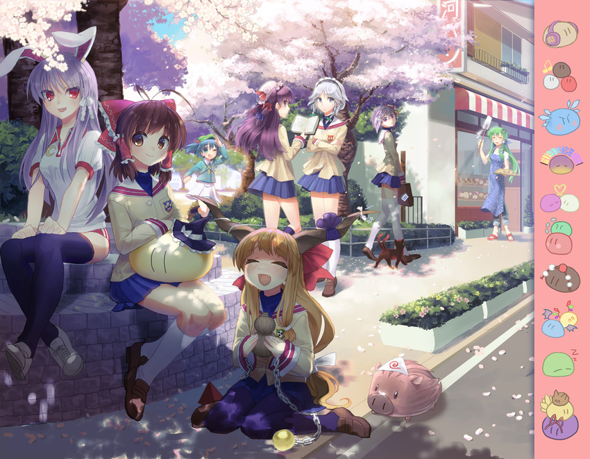 6+girls animal_ears antenna_hair apron bag bakery blonde_hair blue_eyes blue_hair boar book botan_(clannad) braid bread brown_hair buruma chains chen cherry_blossoms cirno clannad commentary_request contemporary cosplay crossover dango dango_daikazoku flandre_scarlet food fujibayashi_kyou fujibayashi_kyou_(cosplay) fujibayashi_ryou fujibayashi_ryou_(cosplay) furukawa_nagisa furukawa_nagisa_(cosplay) furukawa_sanae furukawa_sanae_(cosplay) gourd green_eyes green_hair grey_hair gym_uniform hakurei_reimu hat headband headphones hieda_no_akyuu highres hijiri_byakuren hikarizaka_private_high_school_uniform horns ibuki_fuuko ibuki_fuuko_(cosplay) ibuki_suika ichinose_kotomi ichinose_kotomi_(cosplay) izayoi_sakuya kaenbyou_rin kaenbyou_rin_(cat) kawashiro_nitori kazami_yuuka key kirisame_marisa kochiya_sanae komeiji_koishi komeiji_koishi_(dango) komeiji_satori komeiji_satori_(dango) long_hair lunasa_prismriver lyrica_prismriver merlin_prismriver multiple_girls nakahara_mai name_connection oerba_yun_fang one_eye_closed oni onozuka_komachi patchouli_knowledge photoshop_(medium) pocketbee purple_eyes purple_hair rabbit_ears red_eyes reisen_udongein_inaba remilia_scarlet ribbon saigyouji_yuyuko sakagami_tomoyo sakagami_tomoyo_(cosplay) school_bag school_uniform shameimaru_aya shiki_eiki shop siblings sidewalk sisters skirt sunohara_mei sunohara_mei_(cosplay) thighhighs touhou toyosatomimi_no_miko triangular_headpiece twin_braids twins very_long_hair voice_actor_connection wagashi yakumo_ran yakumo_yukari zettai_ryouiki