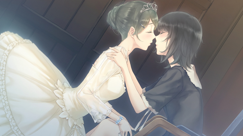 2girls alternate_hairstyle black_hair bracelet brown_hair closed_eyes dress flowers_(innocent_grey) from_side game_cg gown hair_ornament hair_up hairclip hands_on_another's_shoulders imminent_kiss jewelry leaning_forward long_sleeves mole mole_on_neck multiple_girls official_art profile school_uniform see-through short_hair short_sleeves sitting sugina_miki takasaki_chidori tiara white_dress yaegaki_erika yuri