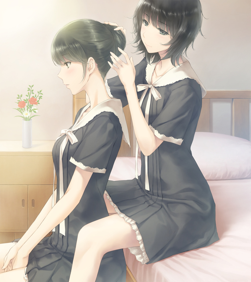 2girls bed black_dress black_hair blunt_bangs brown_hair chair dress flower flowers_(innocent_grey) from_side game_cg hair_up hairdressing highres indoors long_legs multiple_girls official_art on_bed own_hands_together parted_lips pillow profile ribbon school_uniform short_dress short_hair short_sleeves sitting sugina_miki takasaki_chidori vase white_ribbon yaegaki_erika