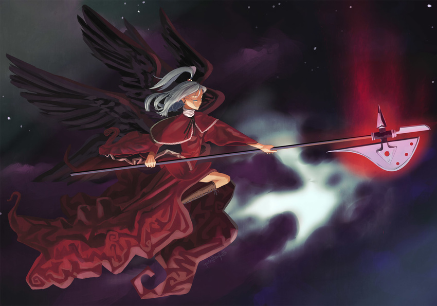 black_wings blue_eyes commentary dress female flying from_side full_body glowing halberd hat highres multiple_wings photoshop_(medium) polearm red_dress shinki_(touhou) solo touhou touhou_(pc-98) traghetto weapon white_hair white_hat wings