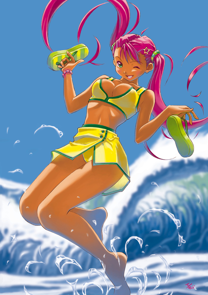 ;d ahoge bangs barefoot bikini blurry bracelet breasts buttons cleavage depth_of_field dual_wielding feet female floating_hair green_eyes grin hair_ornament highres holding jewelry jumping kobayashi_yuji long_hair looking_at_viewer miniskirt nagko ocean one_eye_closed open_mouth original outdoors pink_hair sandals scrunchie shoes_removed signature skirt sky smile solo splashing star striped swimsuit tan tankini twintails very_long_hair water waves wink