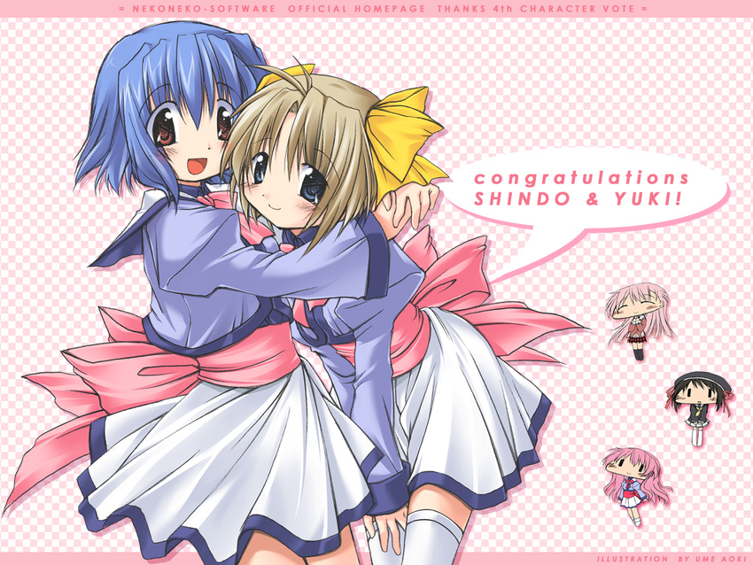 aoki_ume blue_eyes blue_hair brown_hair chibi hug katase_yuki mizuiro multiple_girls red_eyes shindou_mutsuki shindou_satsuki ume_aoki