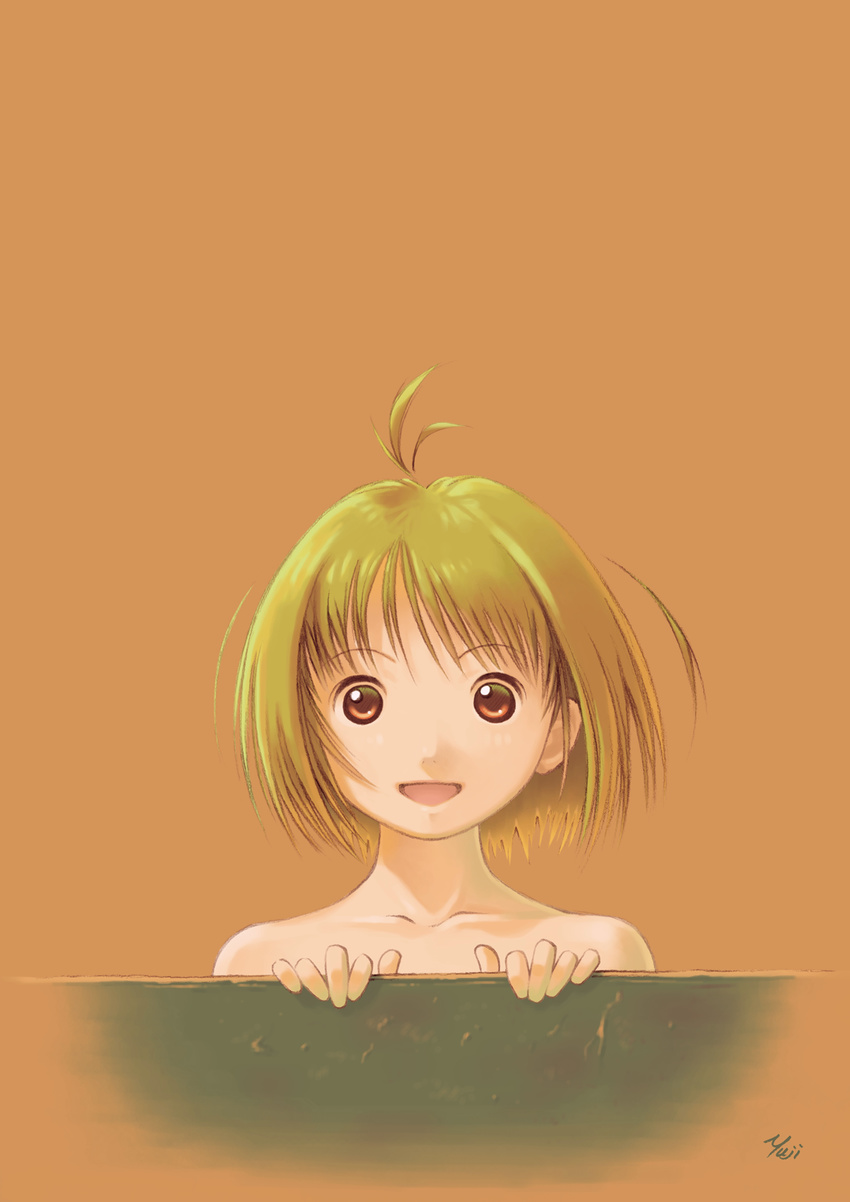 :d antenna_hair bangs bare_shoulders bust collarbone female fingers green_hair highres kobayashi_yuji kobayashi_yuuji looking_at_viewer nagko nude open_mouth orange_eyes short_hair signature simple_background smile solo upper_body