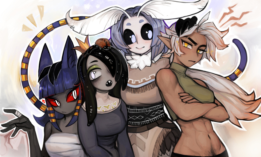 4girls abs absurdres animal_ears arthropod_girl biceps black_hair black_sclera blue_hair blush breasts bug cat_ears cat_tail colored_sclera commentary_request crop_top crossed_arms crown dark_elf egyptian egyptian_clothes elf female_pubic_hair ghastet_(matilda_fiship) grey_hair grey_sclera group_picture hair_over_one_eye highres leech_girl leech_queen_(matilda_fiship) long_hair looking_at_viewer matilda_fiship medium_breasts medium_hair mini_crown monster_girl moth_girl mother_lumi_(matilda_fiship) multiple_girls native_american navel_hair olivia_(matilda_fiship) orange_eyes original pointy_ears pubic_hair pubic_hair_peek red_sclera sharp_teeth short_eyebrows slit_pupils tail teeth thick_eyebrows toned very_long_tail