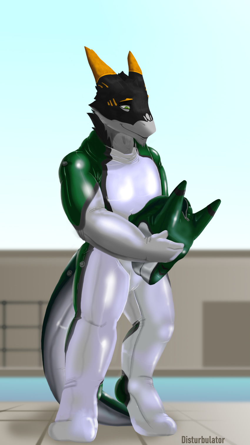 9:16 absurd_res bound clothing dizrahk_(artist) encasement hi_res kronas pool_toy poolside rakito sergal solo suit tail vinly