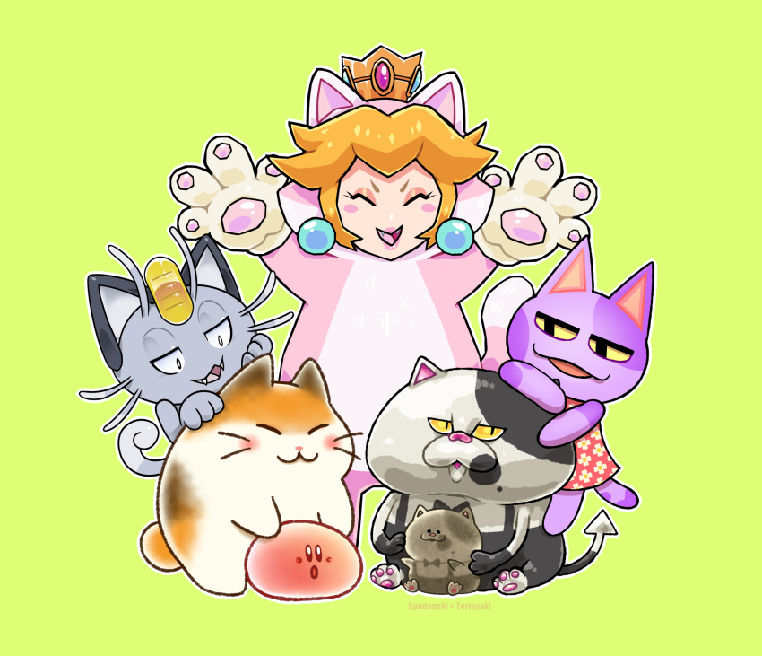 alolan_form alolan_meowth ambiguous_gender animal_crossing blonde_hair bob_(animal_crossing) cat_peach cat_suit_(mario) collaboration domestic_cat ear_piercing ear_ring fake_cat_ears fake_ears felid feline felis female fur generation_7_pokemon green_background grey_body grey_fur group hair hi_res judd kirby kirby_(series) larger_male li'l_judd male mammal mario_bros nago_(kirby) nintendo open_mouth pawpads piercing pink_nose pokemon pokemon_(species) princess_peach purple_body purple_fur regional_form_(pokemon) ring_piercing simple_background sitting size_difference smaller_ambiguous splatoon spudenski teeth terinyaki tongue whiskers