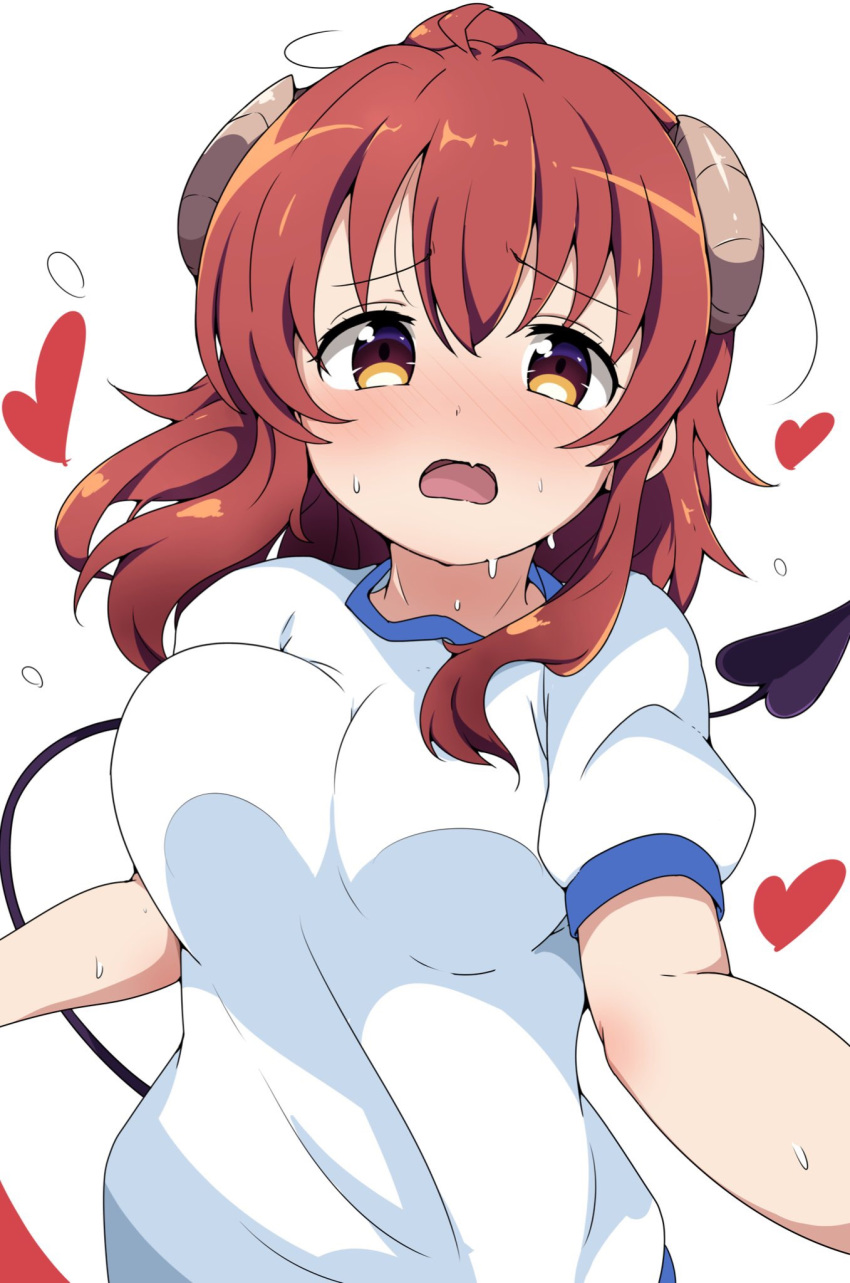 ahoge blush bouncing_breasts breasts brown_eyes brown_hair commentary d: demon_girl demon_horns demon_tail female gym_shirt gym_uniform heart highres horns large_breasts long_hair looking_at_viewer machikado_mazoku open_mouth riyo_(aokiwazumi) running shirt short_sleeves simple_background solo sweat tail unaligned_breasts upper_body white_background white_shirt yoshida_yuuko_(machikado_mazoku)