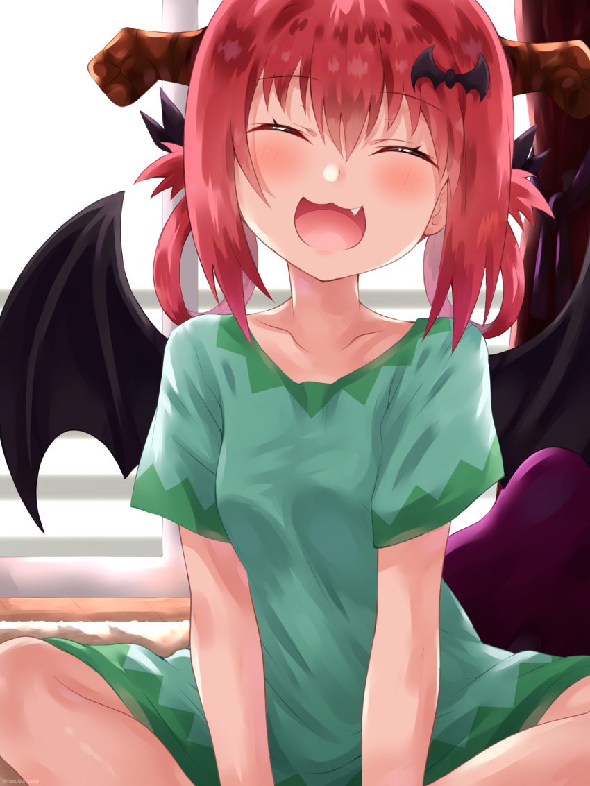 :3 :d bat_hair_ornament blush closed_eyes collarbone commentary curtains day demon_horns demon_wings female gabriel_dropout green_shirt hair_between_eyes hair_ornament head_tilt highres horns indoors needledmouse oerba_yun_fang open_mouth red_hair satanichia_kurumizawa_mcdowell shirt short_sleeves sitting smile solo v-shaped_eyebrows window wings