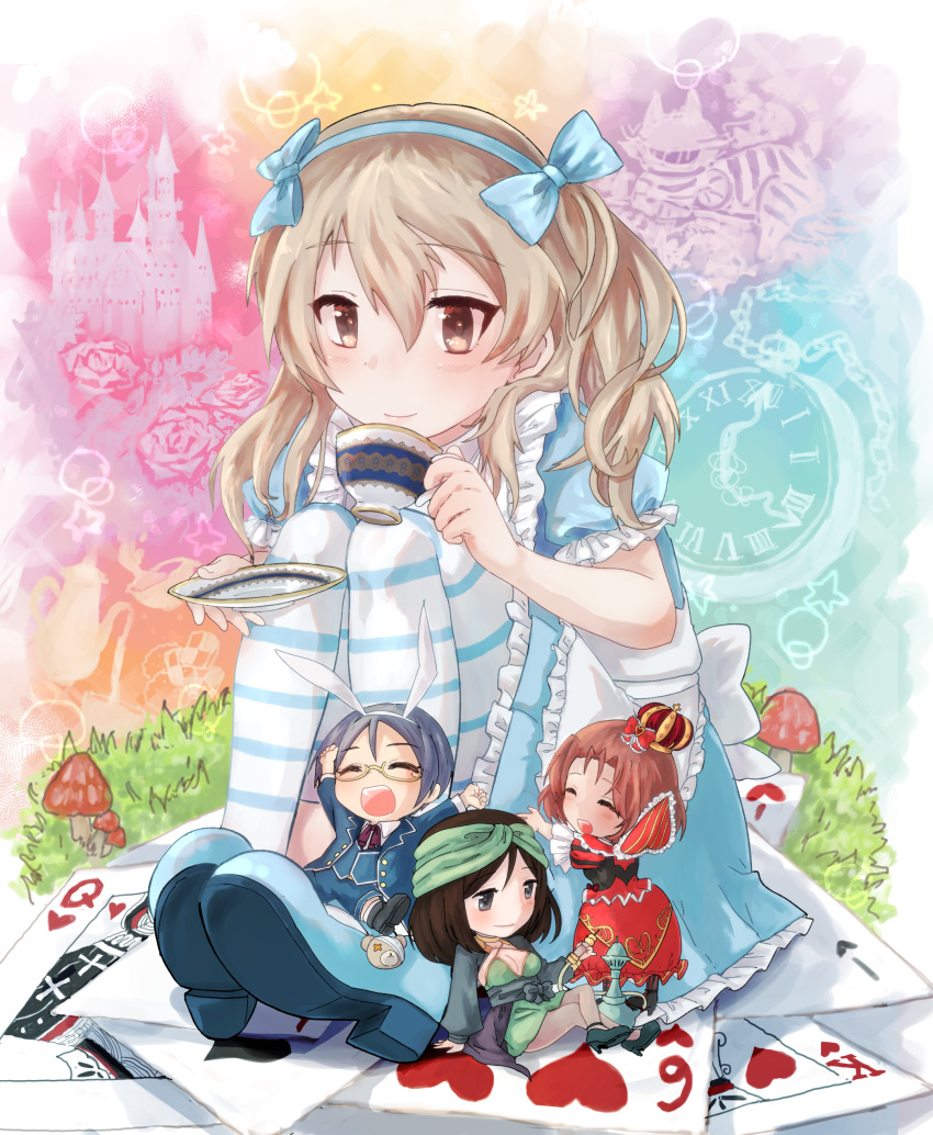 4girls :d absurdres alice_(alice_in_wonderland) alice_(alice_in_wonderland)_(cosplay) alice_in_wonderland animal_ears apron arm_support arms_up azumi_(girls_und_panzer) bad_id bad_pixiv_id bandana black_hair blue_dress blue_eyes blue_footwear blue_jacket blue_ribbon blue_shorts blue_thighhighs blue_vest blush brown_eyes brown_hair card caterpillar_(alice_in_wonderland) caterpillar_(alice_in_wonderland)_(cosplay) closed_eyes closed_mouth commentary cosplay crossed_legs crown cup dress fake_animal_ears frilled_apron frilled_dress frilled_sleeves frills girls_und_panzer glasses green_dress green_headwear grey_hair hair_ribbon highres holding holding_cup holding_saucer hug jacket leaning_back leaning_on_person light_brown_hair long_hair long_sleeves mary_janes megumi_(girls_und_panzer) mini_crown mini_person minigirl multiple_girls name_connection one_side_up open_mouth playing_card rabbit_ears red_dress red_headwear ribbon rumi_(girls_und_panzer) saucer senta_(ysk_0218) shimada_arisu shoes short_dress short_hair short_sleeves shorts sitting smile standing striped_clothes striped_thighhighs swept_bangs teacup thighhighs vest white_apron white_rabbit_(alice_in_wonderland) white_rabbit_(alice_in_wonderland)_(cosplay) yellow-framed_eyewear