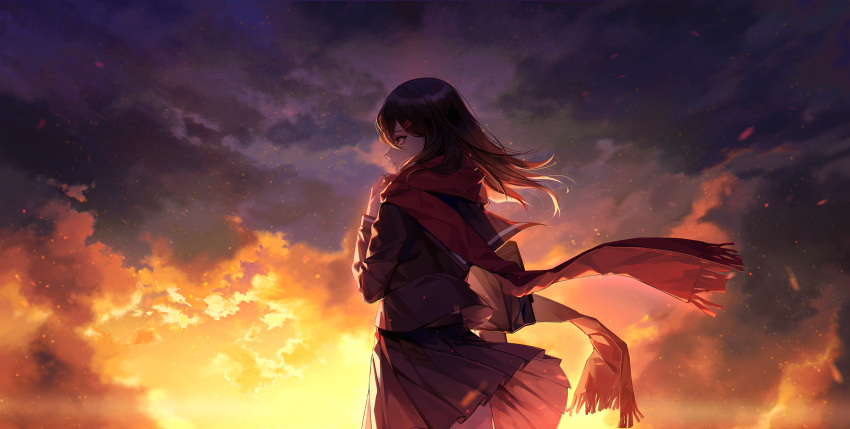 adjusting_scarf ayan backlighting bag black_hair black_sailor_collar black_serafuku black_skirt brown_eyes carrying_bag closed_mouth cloud cloudy_sky commentary_request cowboy_shot dark_clouds female floating_hair floating_scarf from_side hair_ornament hairclip hairpin hand_on_own_chest highres kagerou_project light_particles lonely long_hair long_sleeves looking_afar multicolored_sky multiple_hairpins neckerchief orange_sky outdoors pleated_skirt profile purple_sky red_eyes red_scarf sailor_collar sailor_collar_lift scarf school_bag school_uniform serafuku single_stripe skirt sky solo sunset tateyama_ayano white_neckerchief white_stripes wind wind_lift yellow_sky