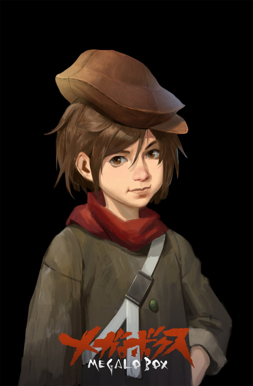 1boy black_background brown_eyes brown_hair brown_hat commentary_request copyright_name dong_wensen green_jacket hand_on_own_hip hat highres jacket logo lolicon looking_at_viewer male_focus megalo_box red_scarf sachio_(megalo_box) scarf solo