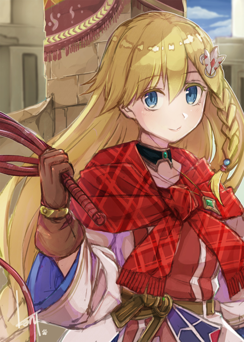 arc_the_lad arc_the_lad_ii blonde_hair braid closed_mouth commentary_request dress female highres lieza_(arc_the_lad) long_hair looking_at_viewer low-braided_long_hair low-tied_long_hair single_braid smile solo tanigawa_kent very_long_hair