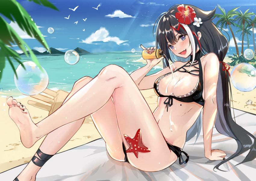 ankle_strap arm_support azur_lane barefoot beach bikini black_bikini black_hair black_nails blue_eyes blue_sky blush bottle breasts bubble cleavage cloud commentary_request day deutschland_(azur_lane) deutschland_(service_time?!)_(azur_lane) feet female flower hair_flower hair_ornament holding holding_bottle long_hair looking_at_viewer lotion multicolored_hair navel official_alternate_costume open_mouth outdoors pouring pouring_onto_self reclining red_hair rero_(bigdoorbig2) sky smile soles solo streaked_hair swimsuit toes very_long_hair white_hair