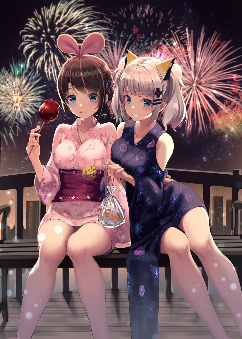 a.i._channel animal_ears crossover herol kaguya_luna kaguya_luna_(character) kimono kizuna_ai nekomimi