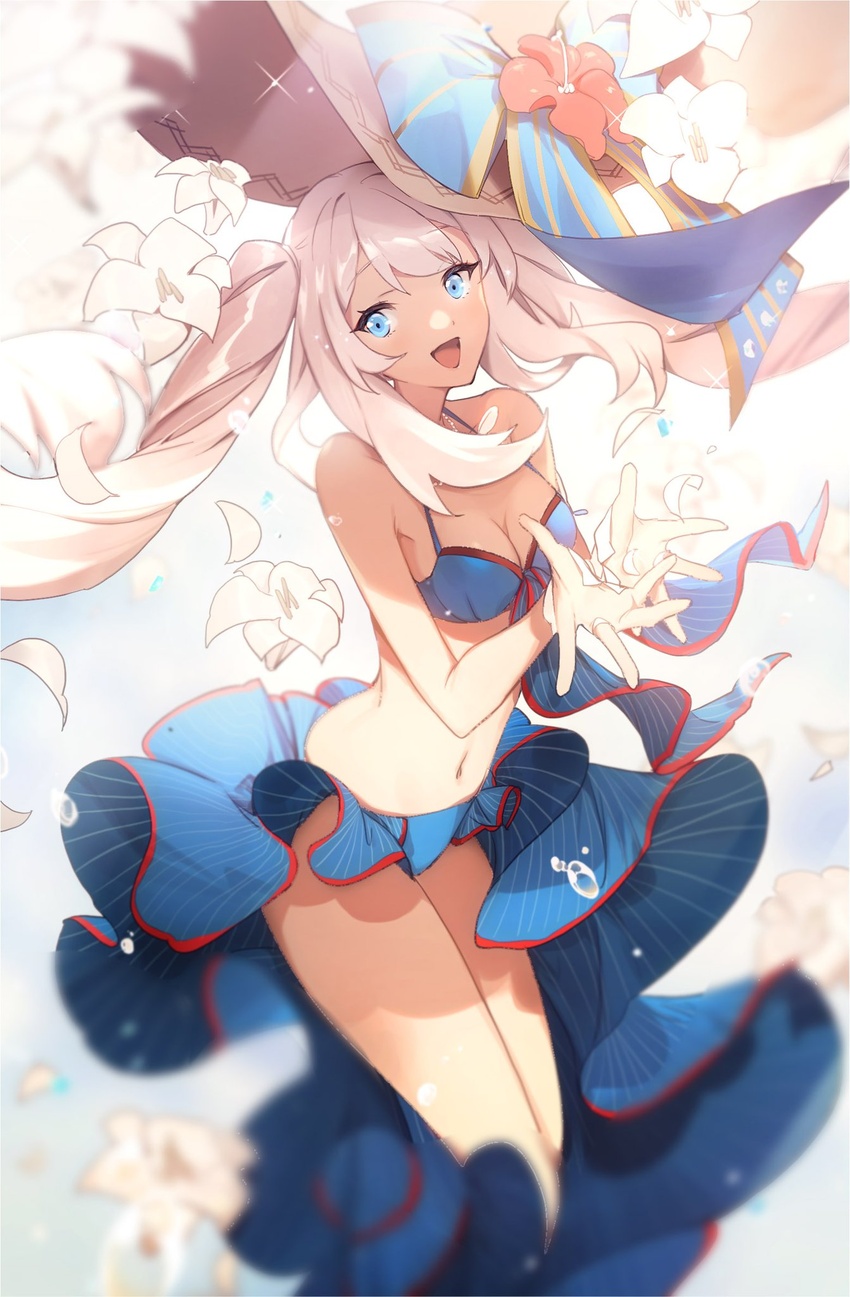 aqua_eyes bad_id bad_twitter_id bikini breasts cleavage fate/grand_order fate_(series) female flower frilled_skirt frills hat hat_ribbon hibiscus highres jewelry marie_antoinette_(fate) marie_antoinette_(swimsuit_caster)_(fate) marie_antoinette_(swimsuit_caster)_(third_ascension)_(fate) medium_breasts necklace no-kan open_hands petals ribbon skirt solo sparkle sun_hat swimsuit twintails white_hair