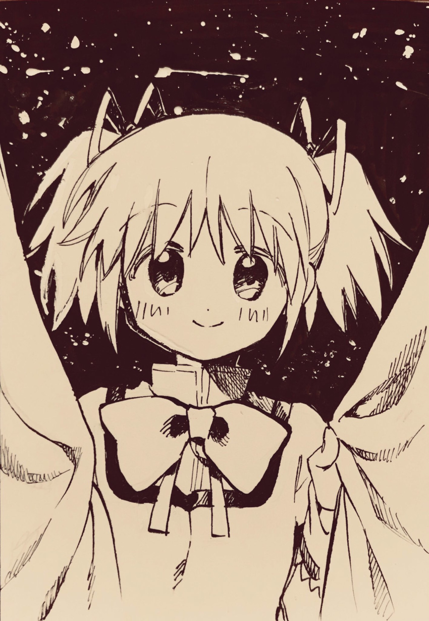 bow bowtie curtain_grab curtains dark_background female hair_ribbon highres kaname_madoka looking_at_viewer mahou_shoujo_madoka_magica mahou_shoujo_madoka_magica_(anime) mitakihara_school_uniform monochrome no+bi= ribbon school_uniform sepia smile solo twintails upper_body