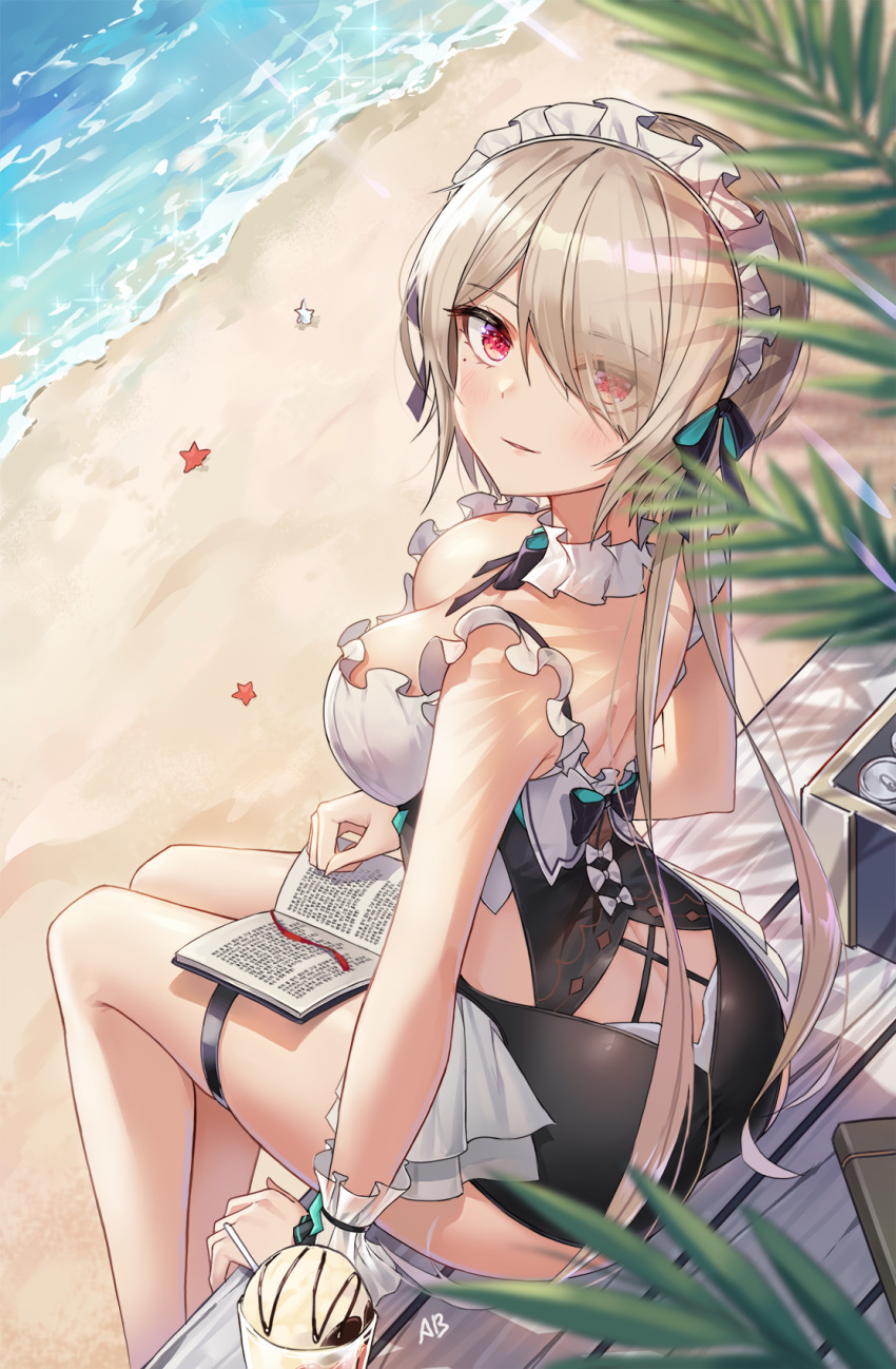 aliceblue alternate_costume artist_name ass bare_arms beach black_one-piece_swimsuit blonde_hair blurry blush book breasts cleavage commentary_request cooler day depth_of_field detached_collar eyes_visible_through_hair female food frills hair_over_one_eye highres honkai_(series) honkai_impact_3rd ice_cream korean_commentary large_breasts legs_together long_hair looking_at_viewer looking_back maid_headdress mole mole_under_eye ocean one-piece_swimsuit open_book outdoors parted_lips red_eyes rita_rossweisse rita_rossweisse_(phantom_iron) sand shadow short_hair sitting smile solo sundae swimsuit thigh_strap wrist_cuffs