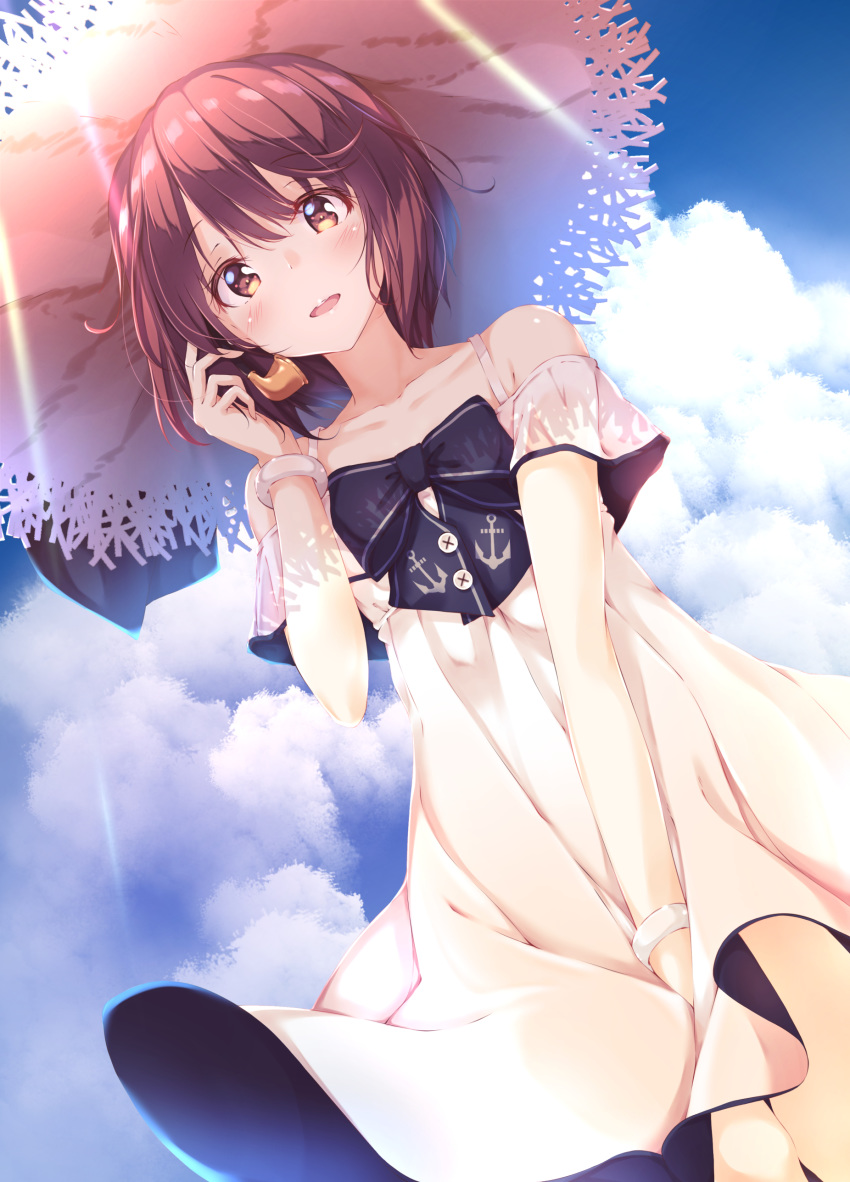 absurdres bad_id bad_pixiv_id bare_shoulders blue_neckwear blue_ribbon blue_sky blush bracelet brown_eyes brown_hair cloud cloudy_sky collarbone cowboy_shot day dress female flat_chest from_above hair_between_eyes hand_on_headwear hat highres jewelry kantai_collection numpopo open_mouth outdoors ribbon short_hair sky smile solo spaghetti_strap speaking_tube_headset straw_hat sun_hat sundress sunlight teeth white_dress yukikaze_(kancolle) yukikaze_(summer_mode)_(kancolle)