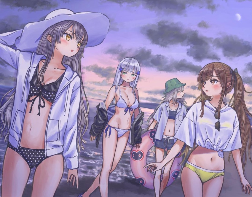 404_(girls'_frontline) 4girls beach bikini bikini_under_clothes blue_hair blunt_bangs blush breasts brown_hair cleavage cloud collarbone commentary_request curry_soba evening facial_mark g11_(girls'_frontline) girls'_frontline grey_hair hair_ornament hair_over_eyes hat hk416_(girls'_frontline) innertube jacket lips long_hair moon multiple_girls navel ocean open_clothes open_jacket open_shirt outdoors pocket scar scar_across_eye scar_on_face shirt shorts sky standing sun_hat sunglasses swim_ring swimsuit tied_shirt ump45_(girls'_frontline) ump9_(girls'_frontline) water