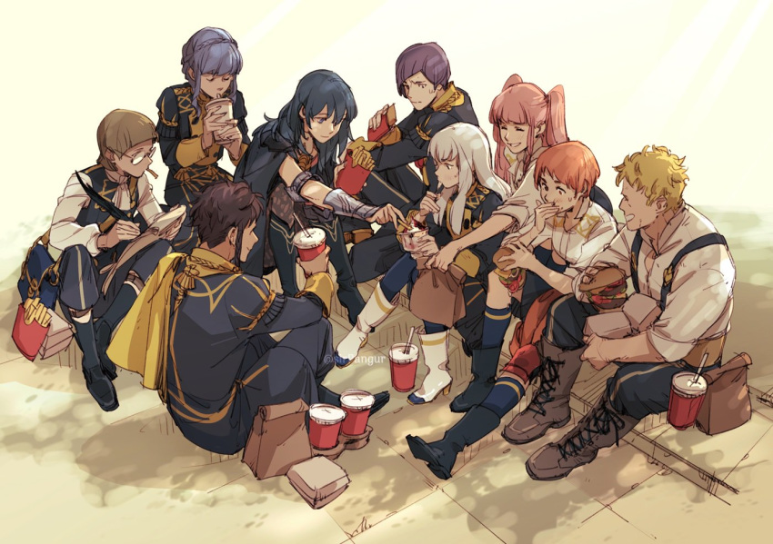 4boys 5girls anachronism armor ascot belt big_mac blonde_hair blue_eyes blue_hair blunt_bangs blush boots braid breasts brown_eyes brown_hair burger byleth_(female)_(fire_emblem) byleth_(fire_emblem) cape claude_von_riegan closed_mouth commentary cross-laced_footwear crown_braid dark-skinned_male dark_skin drink epaulettes fast_food fire_emblem fire_emblem:_three_houses flower food french_fries garreg_mach_monastery_uniform glasses gloves hair_ornament hilda_valentine_goneril ice_cream ignatz_victor jacket joe_zieja knee_boots lace-up_boots leonie_pinelli long_hair long_sleeves lorenz_hellman_gloucester lysithea_von_ordelia marianne_von_edmund mcdonald's multiple_boys multiple_girls nina_vakueva orange_eyes orange_hair pantyhose pink_eyes pink_hair product_placement purple_eyes raphael_kirsten shadow short_hair sidewalk simple_background smile sundae twintails uniform voice_actor_connection white_background white_hair