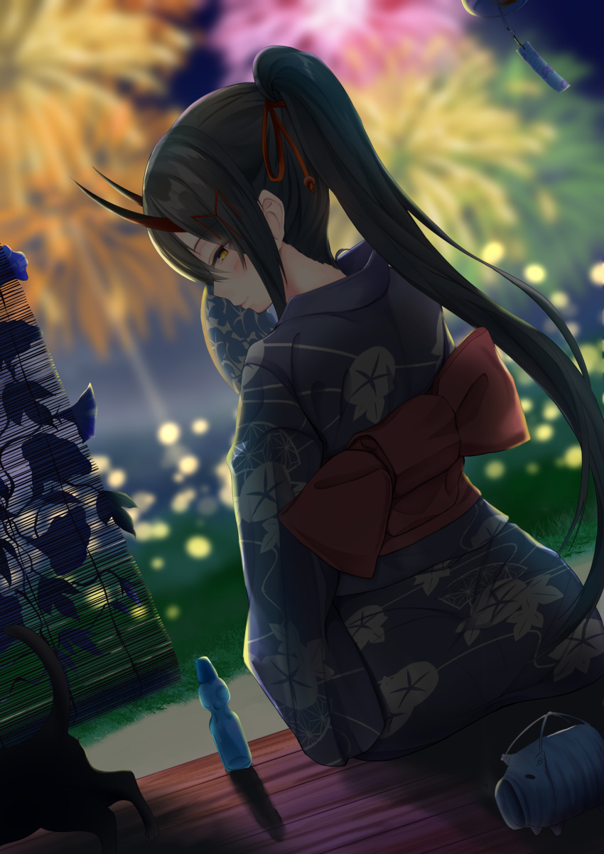 absurdres aerial_fireworks azur_lane bamboo_screen black_hair blue_flower blurry blurry_background blush bokeh bottle commentary_request depth_of_field dutch_angle feline female fireworks floral_print flower from_behind hair_ribbon hand_fan highres holding holding_fan horns japanese_clothes kayari_buta kimono long_hair looking_away looking_back morning_glory morning_glory_print night obi oni_horns outdoors paper_fan plant ponytail porch profile ramune red_ribbon ribbon sash sitting smile soda_bottle solo spekkio36 suzuya_(azur_lane) trumpet_creeper very_long_hair vines wind_chime yukata