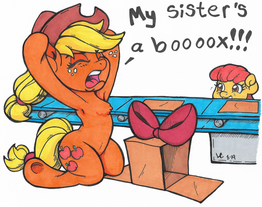 2019 accessory apple_bloom_(mlp) applejack_(mlp) bow_(feature) bow_accessory box cardboard cardboard_box clothing container cowboy_hat duo earth_pony english_text equid equine female feral friendship_is_magic hair hasbro hat headgear headwear hi_res horse latecustomer mammal my_little_pony pony ribbons sibling_(lore) simple_background sister_(lore) sisters_(lore) text trolling white_background