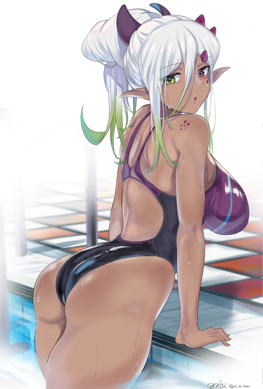 :o arm_support ass back_cutout bare_shoulders breasts clothing_cutout commentary_request competition_swimsuit dark-skinned_female dark_skin demon_girl elf female from_behind gradient_hair green_eyes green_hair hair_between_eyes hair_ornament hairclip heterochromia highres horns impossible_clothes impossible_swimsuit large_breasts leaning_forward long_hair looking_at_viewer looking_back mi_mi_ham multicolored_hair one-piece_swimsuit open_mouth original pointy_ears ponytail pool pool_ladder poolside purple_eyes purple_one-piece_swimsuit rikka_(mi_mi_ham) simple_background solo swimsuit thighs tile_floor tiles twitter_username water water_drop wet white_background white_hair