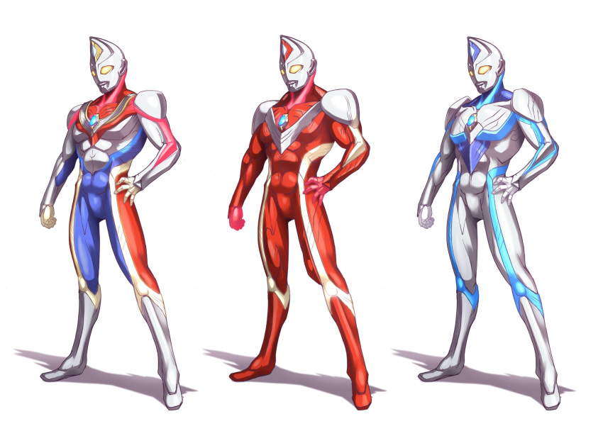 1boy armor blue_bodysuit bodysuit color_timer commentary_request flash_type_(ultraman) full_body glowing glowing_eyes highres kuroda_asaki legs_apart male_focus miracle_type_(ultraman) red_bodysuit reference_sheet strong_type_(ultraman) tokusatsu ultra_series ultraman_dyna ultraman_dyna_(series) yellow_eyes