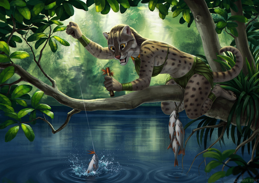 2019 5_fingers anisis anthro breasts clothed clothing digital_media_(artwork) domestic_cat felid feline felis female fingers fish fishing fishing_cat forest fur group jungle mammal marine markings open_mouth plant prionailurus river solo_focus splash spots spotted_body spotted_fur teeth tongue tree tribal water